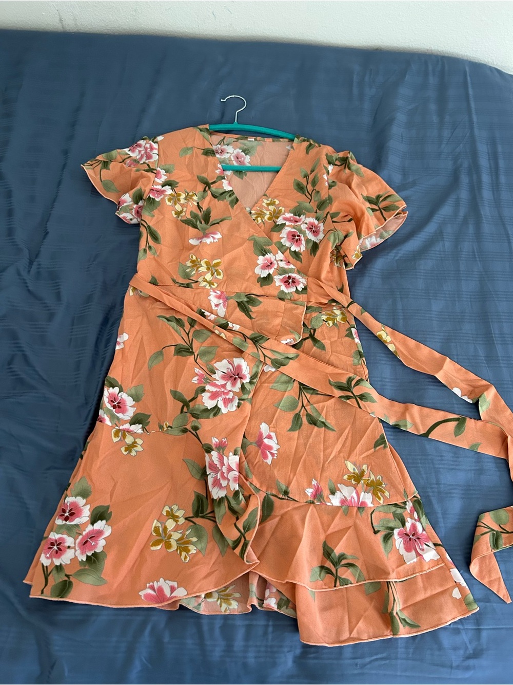 Floral Wrap Dress in Peach with Ruffled Hem